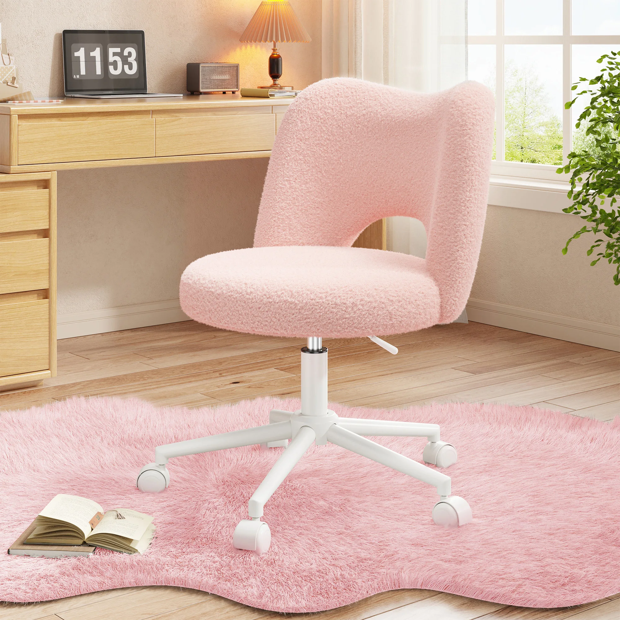 EnHomee Small Vanity Chair with Silent Wheels Black Height Adjustable Cute Teddy Fleece Desk Chair for Bedroom Make-up Room Office