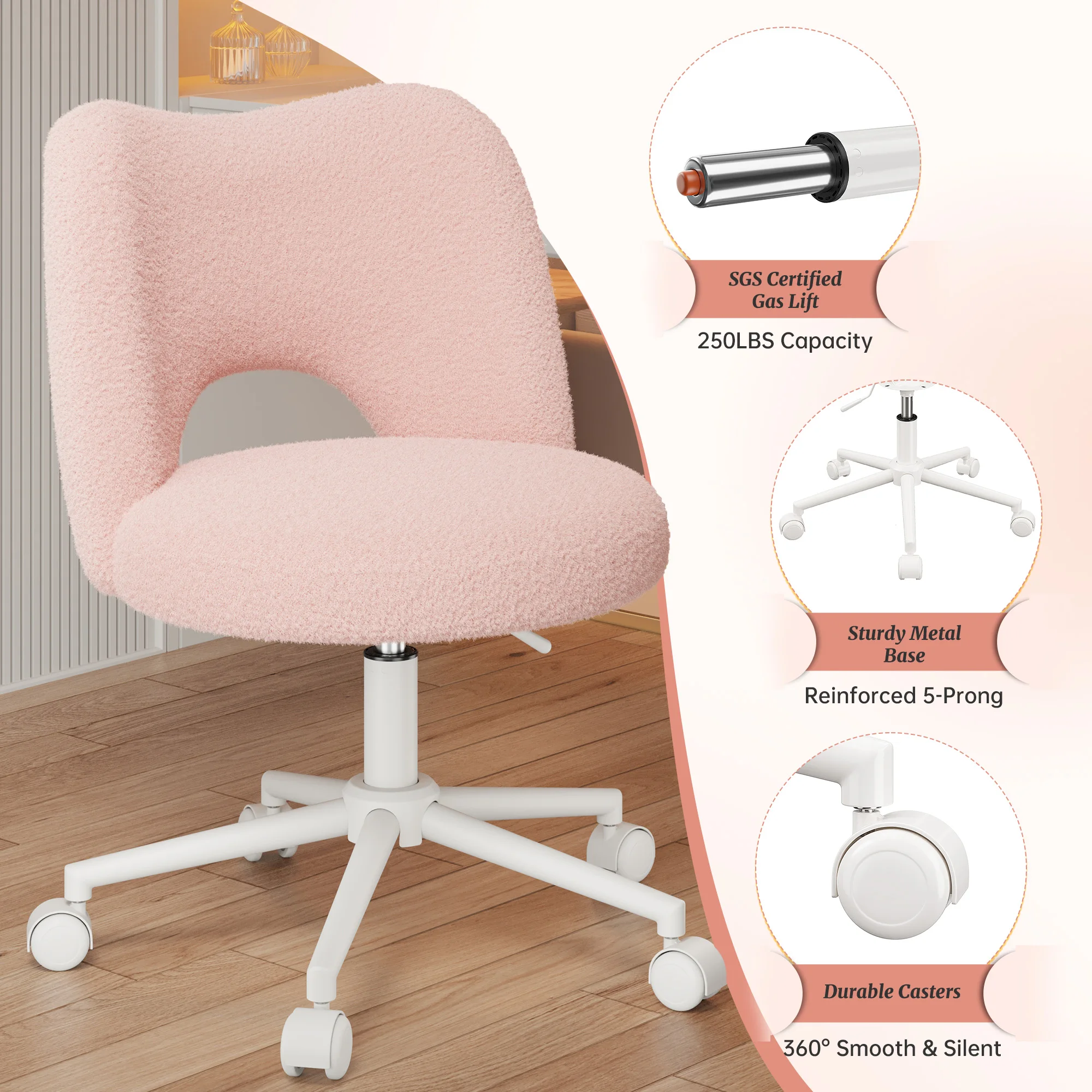 EnHomee Small Vanity Chair with Silent Wheels Black Height Adjustable Cute Teddy Fleece Desk Chair for Bedroom Make-up Room Office
