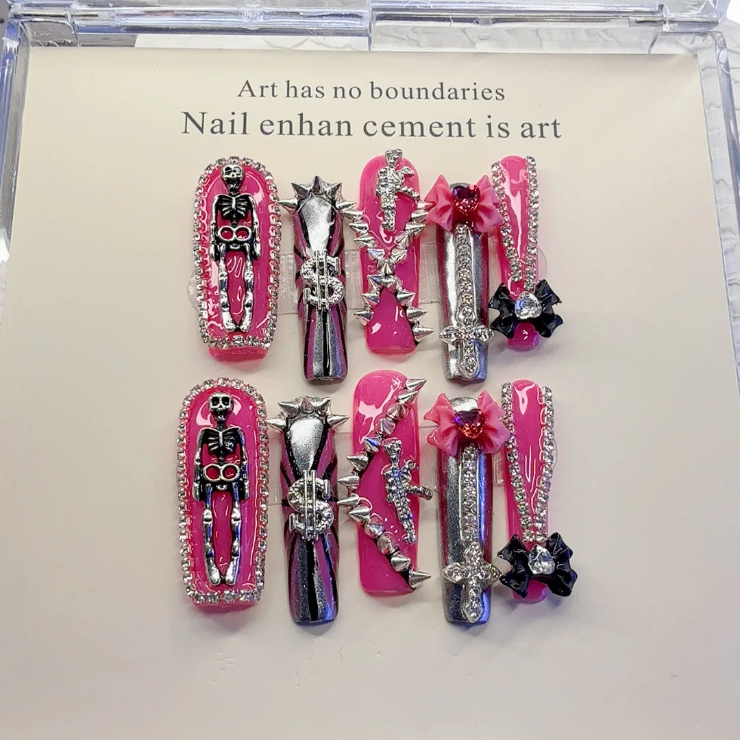 Gothic Punk Skeleton Rhinestone Press on Nails, Extra Long Coffin Pink Metal Charms Reusable False Nails for Daily Streetwear Decor Accessory