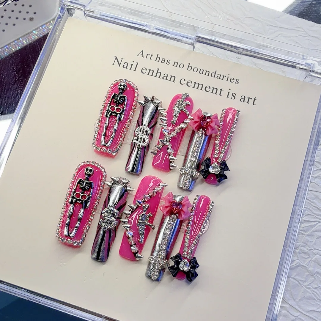 Gothic Punk Skeleton Rhinestone Press on Nails, Extra Long Coffin Pink Metal Charms Reusable False Nails for Daily Streetwear Decor Accessory