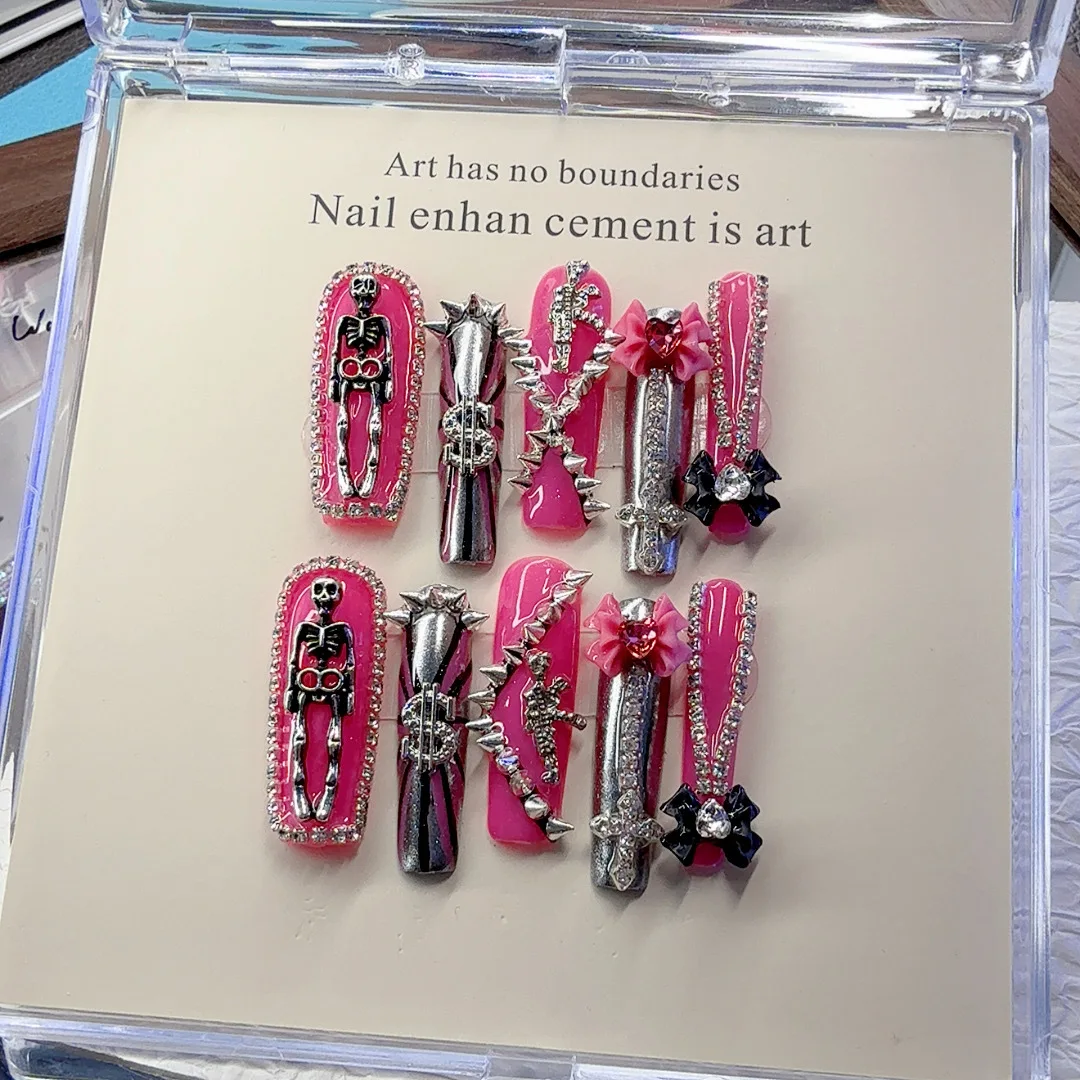 Gothic Punk Skeleton Rhinestone Press on Nails, Extra Long Coffin Pink Metal Charms Reusable False Nails for Daily Streetwear Decor Accessory