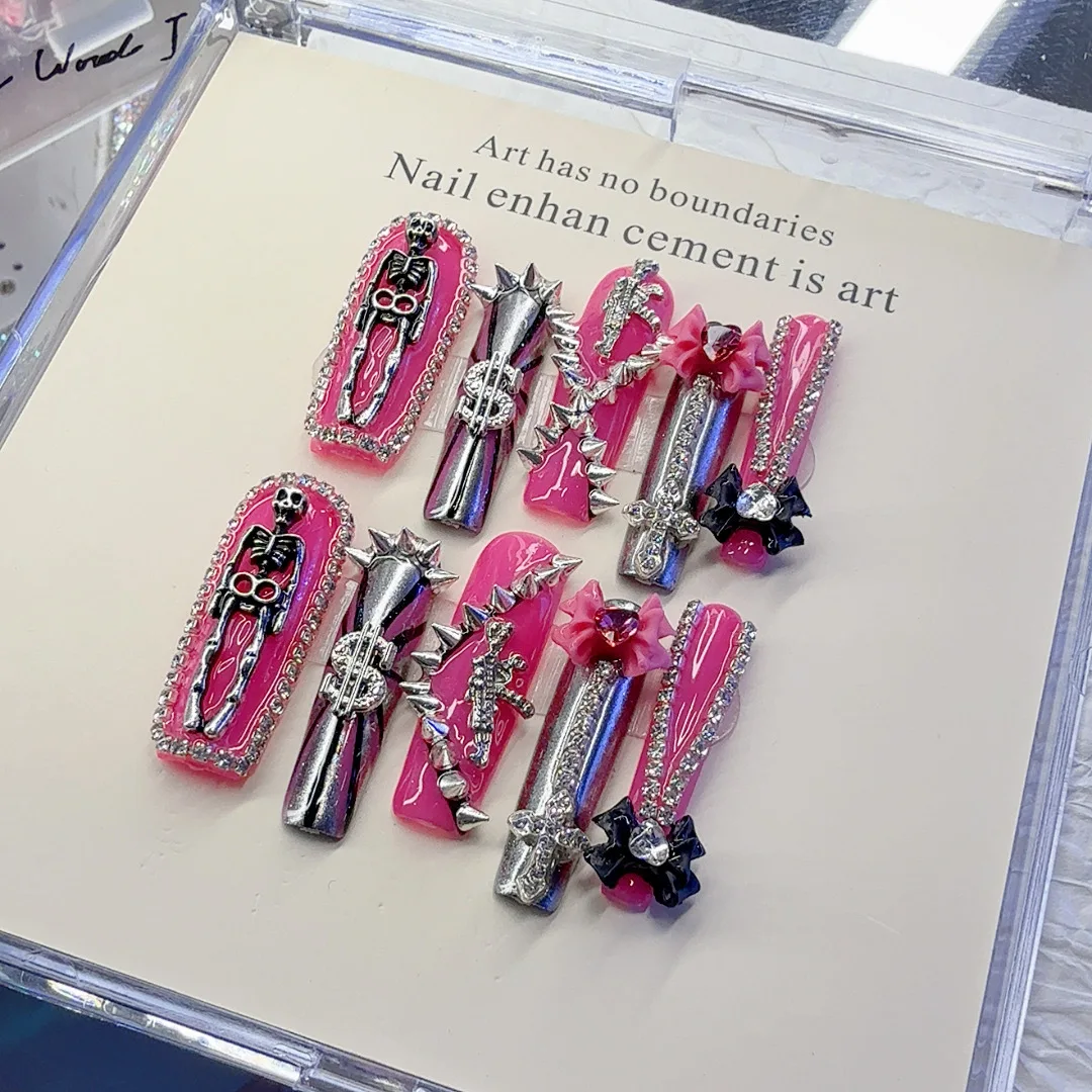 Gothic Punk Skeleton Rhinestone Press on Nails, Extra Long Coffin Pink Metal Charms Reusable False Nails for Daily Streetwear Decor Accessory
