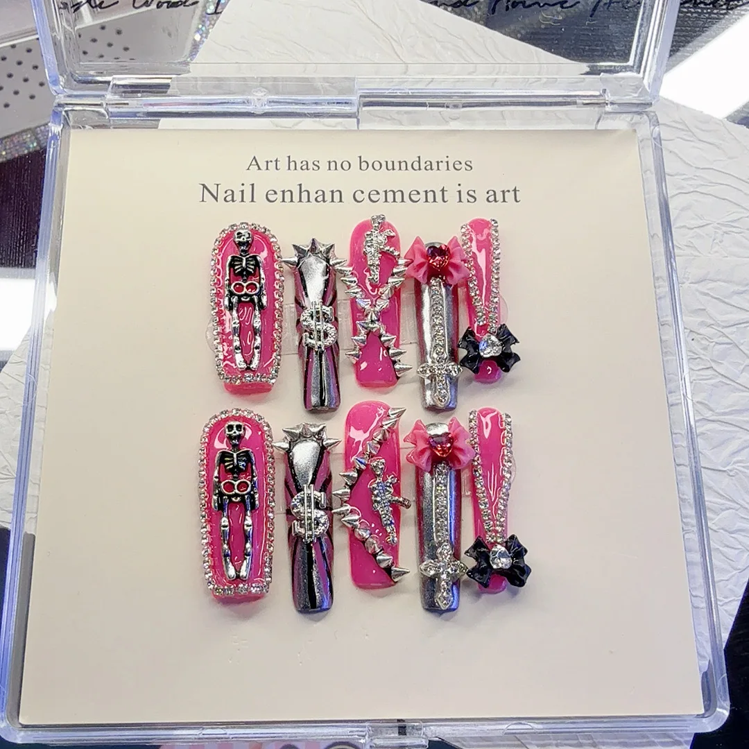 Gothic Punk Skeleton Rhinestone Press on Nails, Extra Long Coffin Pink Metal Charms Reusable False Nails for Daily Streetwear Decor Accessory