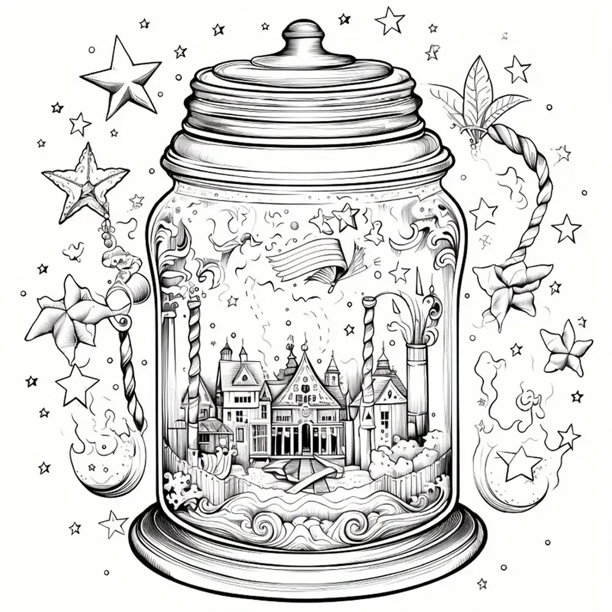 World In A Jar Fantasy Coloring Book for Kids Teens Adults, Enchanted Mini Fairy Forest Mushroom Cottage Landscape Drawing Activity Book, Thick No Bleed Paper Magical Themed Art Workbook, Great Gift for Boys Girls & Dreamy Art Fans