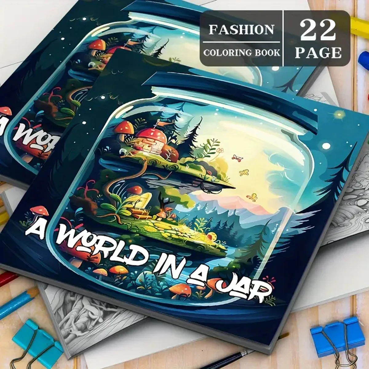 World In A Jar Fantasy Coloring Book for Kids Teens Adults, Enchanted Mini Fairy Forest Mushroom Cottage Landscape Drawing Activity Book, Thick No Bleed Paper Magical Themed Art Workbook, Great Gift for Boys Girls & Dreamy Art Fans