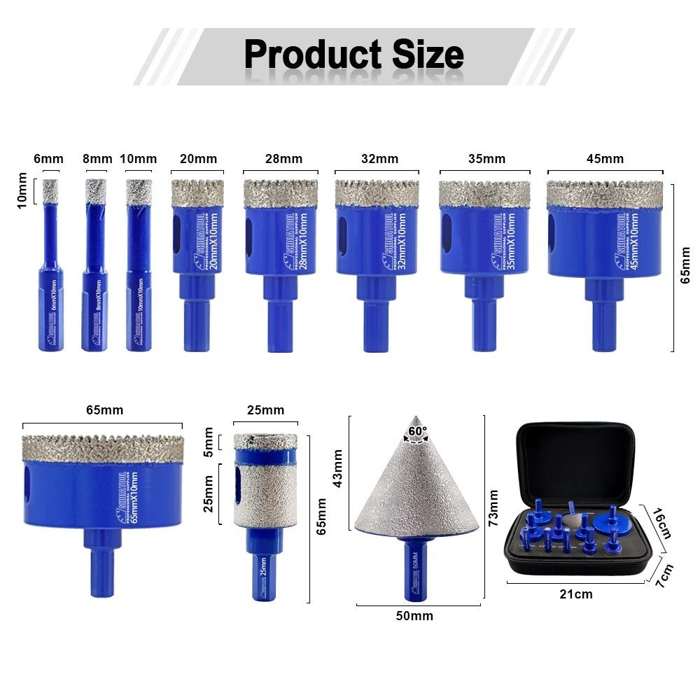 SHDIATOOL 11Pcs Diamond Drill Bit Sets Dia6-65mm Hole Saw Opener+50mm Chamfer Bit+25mm Milling Bit For Marble Tile Granite Tool