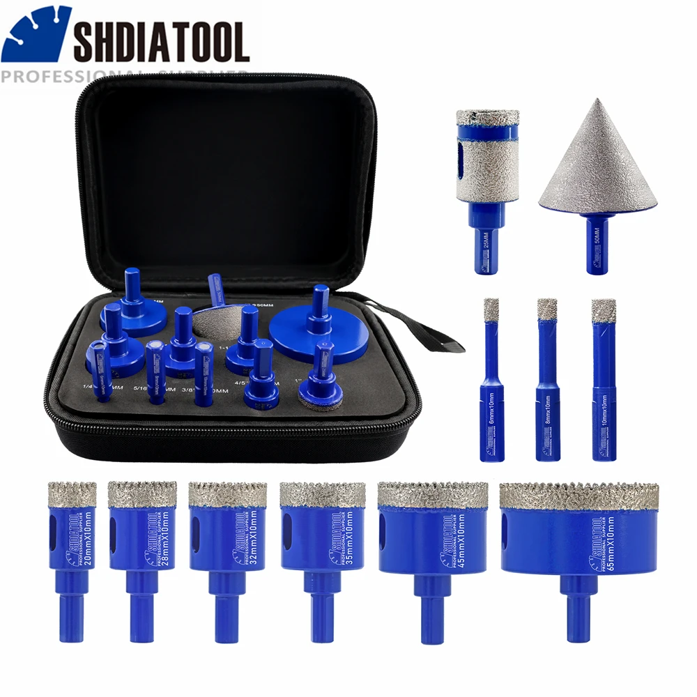 SHDIATOOL 11Pcs Diamond Drill Bit Sets Dia6-65mm Hole Saw Opener+50mm Chamfer Bit+25mm Milling Bit For Marble Tile Granite Tool
