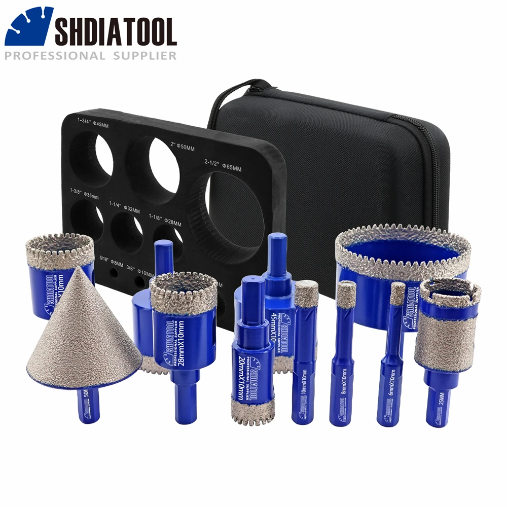 SHDIATOOL 11Pcs Diamond Drill Bit Sets Dia6-65mm Hole Saw Opener+50mm Chamfer Bit+25mm Milling Bit For Marble Tile Granite Tool