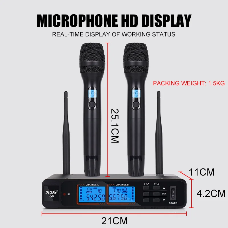 NXG K-6 UNIVERSAL-1TO2 Dual Wireless Microphone Receiver Kit, Metal Mesh Mic Head, Matte Comfort Grip, Dual Signal Antennas, Crystal Clear Hi-Fi Audio, Zero Delay Sound, Multi-Scene Wireless Mic System for Family Singing, Live Show & Small Events