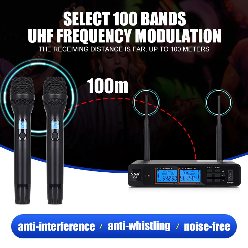NXG K-6 UNIVERSAL-1TO2 Dual Wireless Microphone Receiver Kit, Metal Mesh Mic Head, Matte Comfort Grip, Dual Signal Antennas, Crystal Clear Hi-Fi Audio, Zero Delay Sound, Multi-Scene Wireless Mic System for Family Singing, Live Show & Small Events