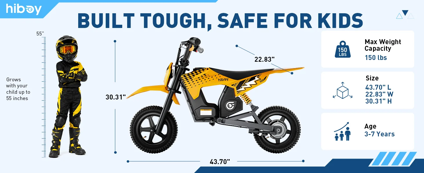 Hiboy DK2 Electric Dirt Bike for Kids Age 3-7 , Up to 13Mph 3-Speed Motorcycle & 11.2 Miles Range with Smart LED Display Gift for Boys Girls