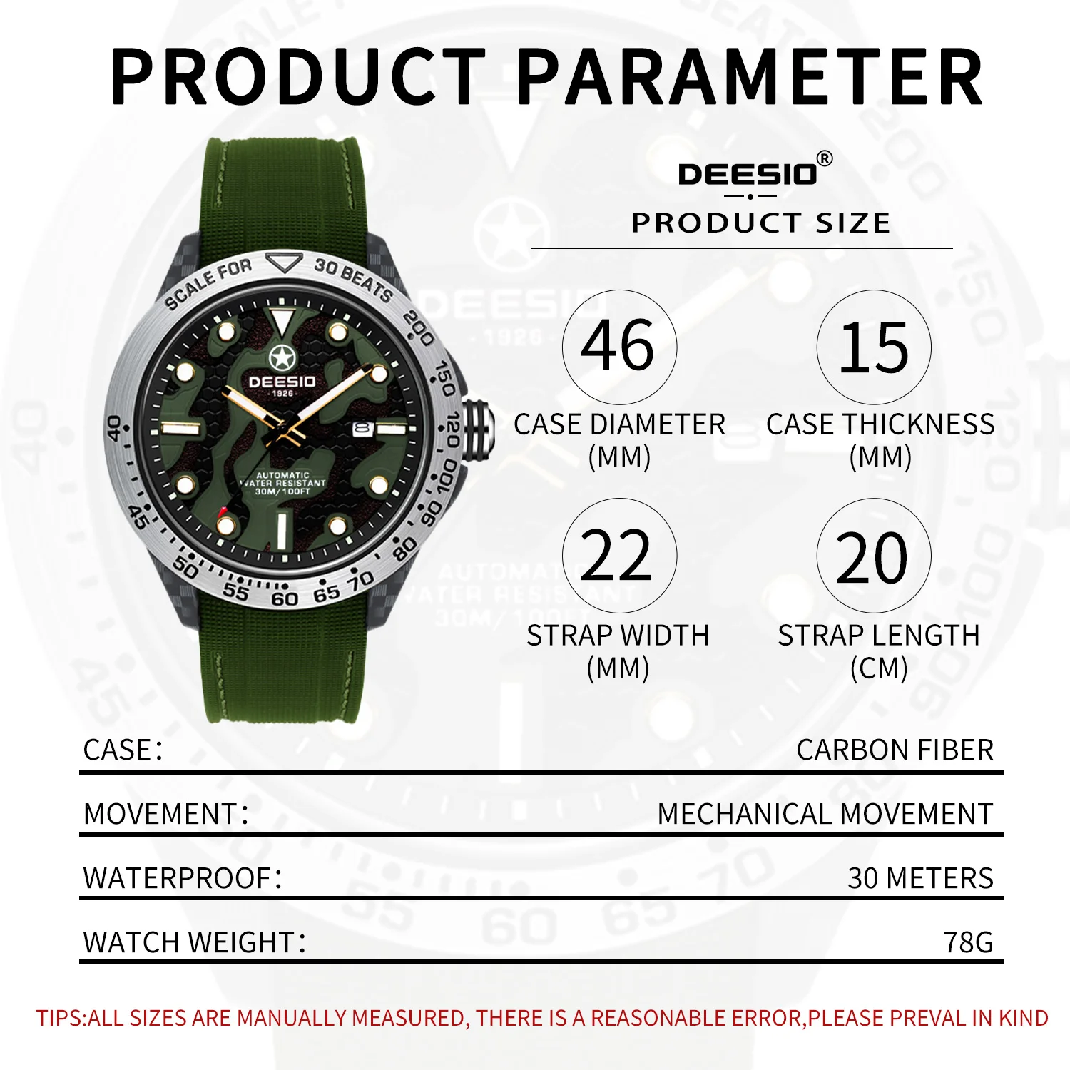 Dessio Men's Automatic Mechanical Watch | Upgrade Carbon Fiber Case Sturdy & Durable About 80g | 30M Waterproof | Luminous Dial | Date & Day Display | Trendy & Elegant Design for Business/Casual/Outdoor | Silicone Green Watch Strap | Lightweight & Sport |