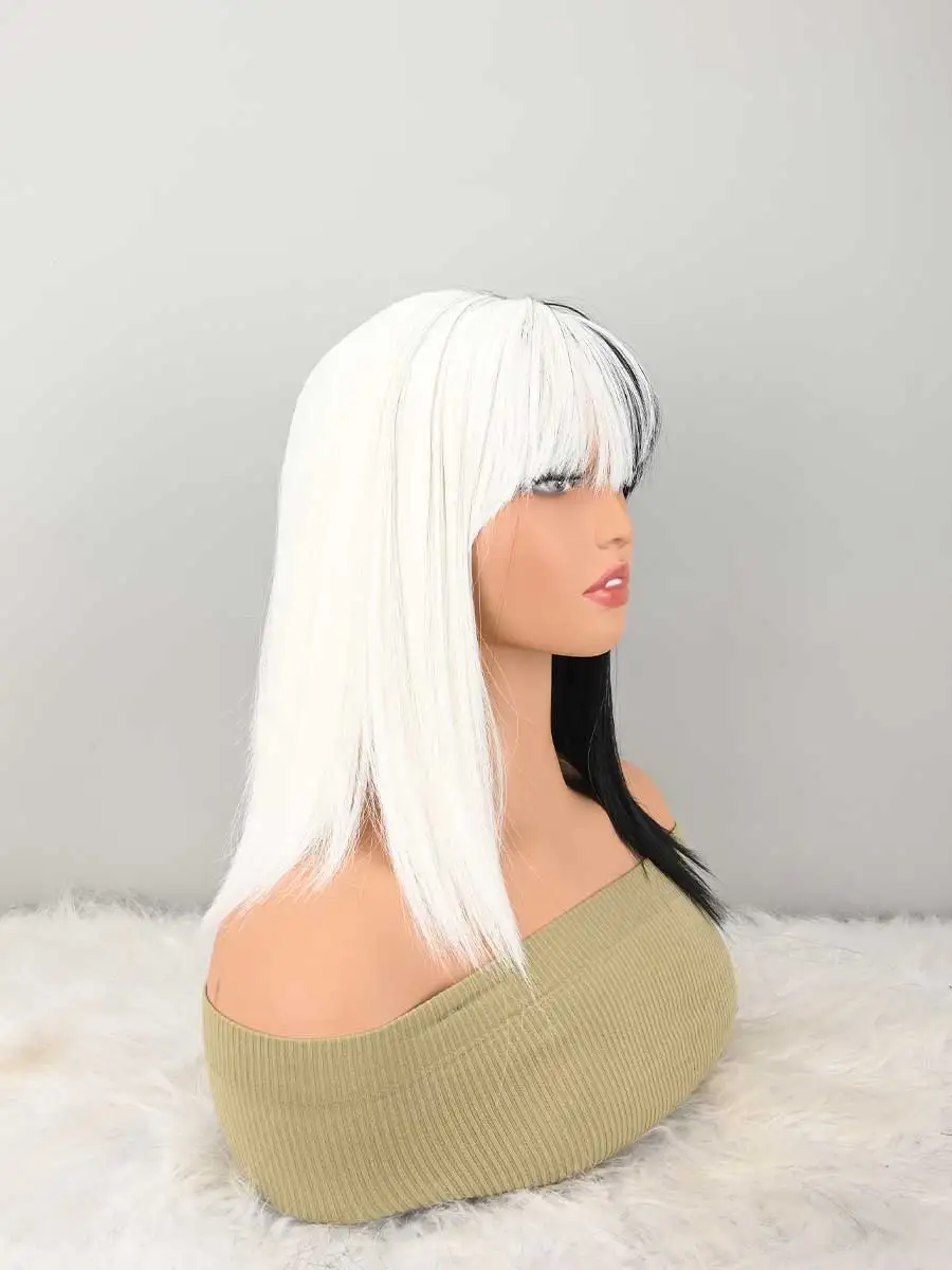 Black White Bob Wig with Bangs, Short Black White Wig for Women Straight Bob Wigs Heat Resistant Synthetic wig Mia Wallace Cleopatra Cospaly Daily Party Use