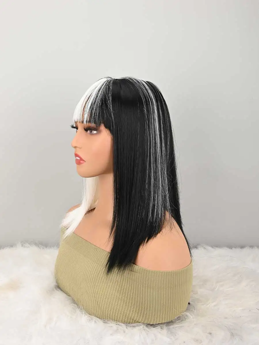 Black White Bob Wig with Bangs, Short Black White Wig for Women Straight Bob Wigs Heat Resistant Synthetic wig Mia Wallace Cleopatra Cospaly Daily Party Use