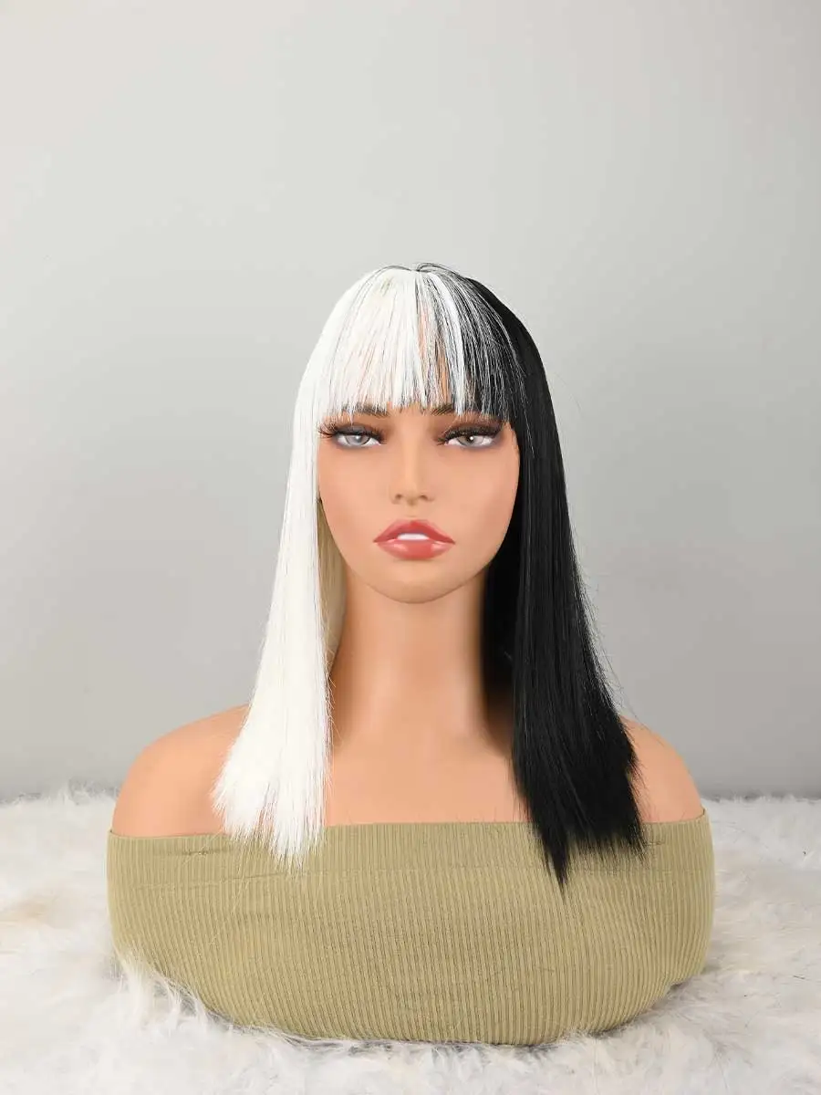 Black White Bob Wig with Bangs, Short Black White Wig for Women Straight Bob Wigs Heat Resistant Synthetic wig Mia Wallace Cleopatra Cospaly Daily Party Use