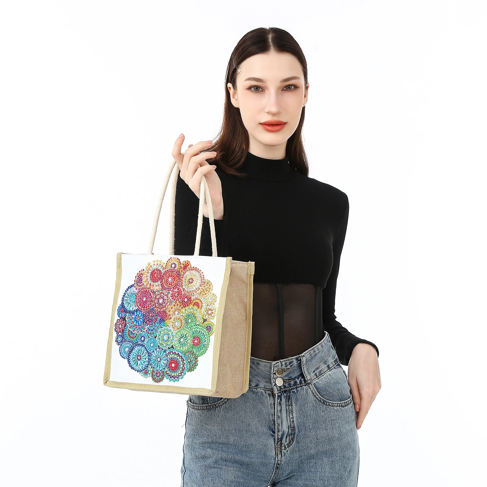 1 Piece Diamond Painting kit, Shopping bag, floral Pattern, canvas Material, suitable for storing Cosmetics, key Storage