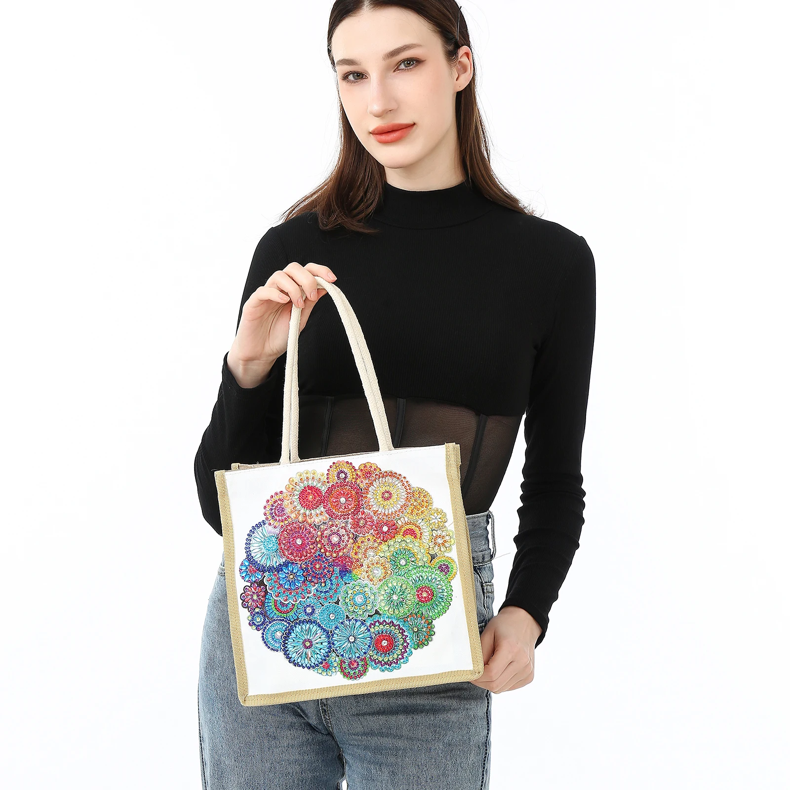 1 Piece Diamond Painting kit, Shopping bag, floral Pattern, canvas Material, suitable for storing Cosmetics, key Storage