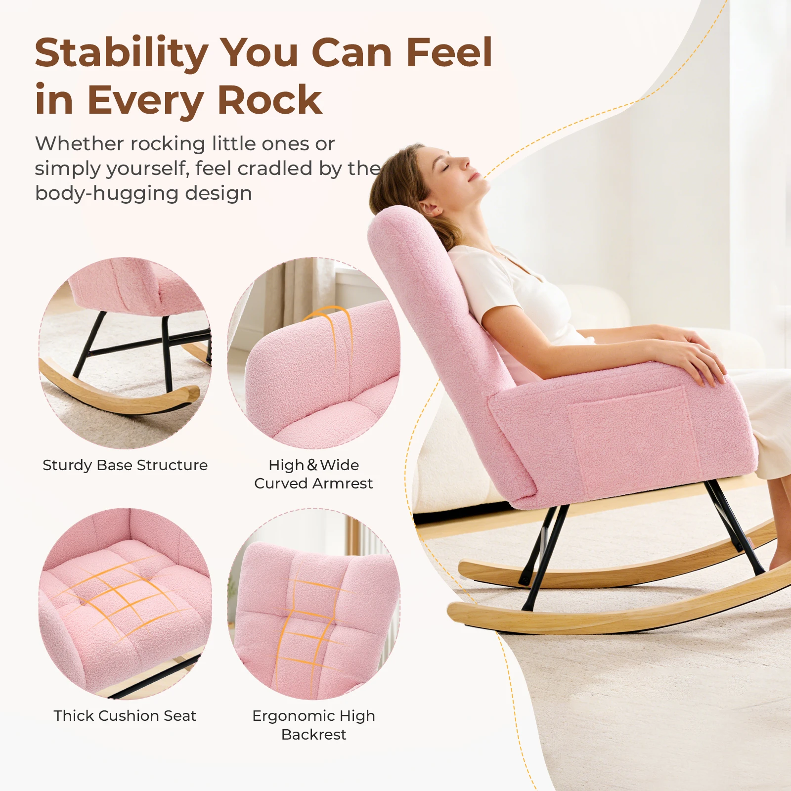 JHK Teddy Upholstered Saucer Rocking Chair with High Backrest Armchair Padded Seat Metal Frame Reading Chair for Living Room