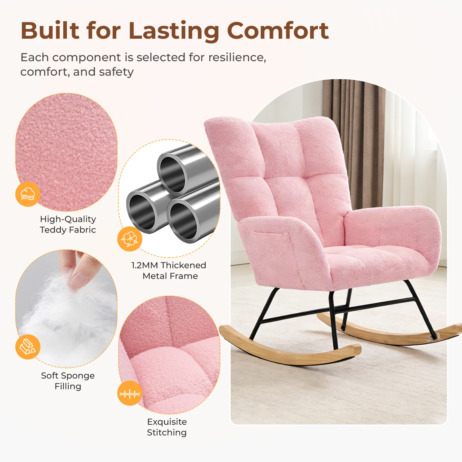 JHK Teddy Upholstered Saucer Rocking Chair with High Backrest Armchair Padded Seat Metal Frame Reading Chair for Living Room
