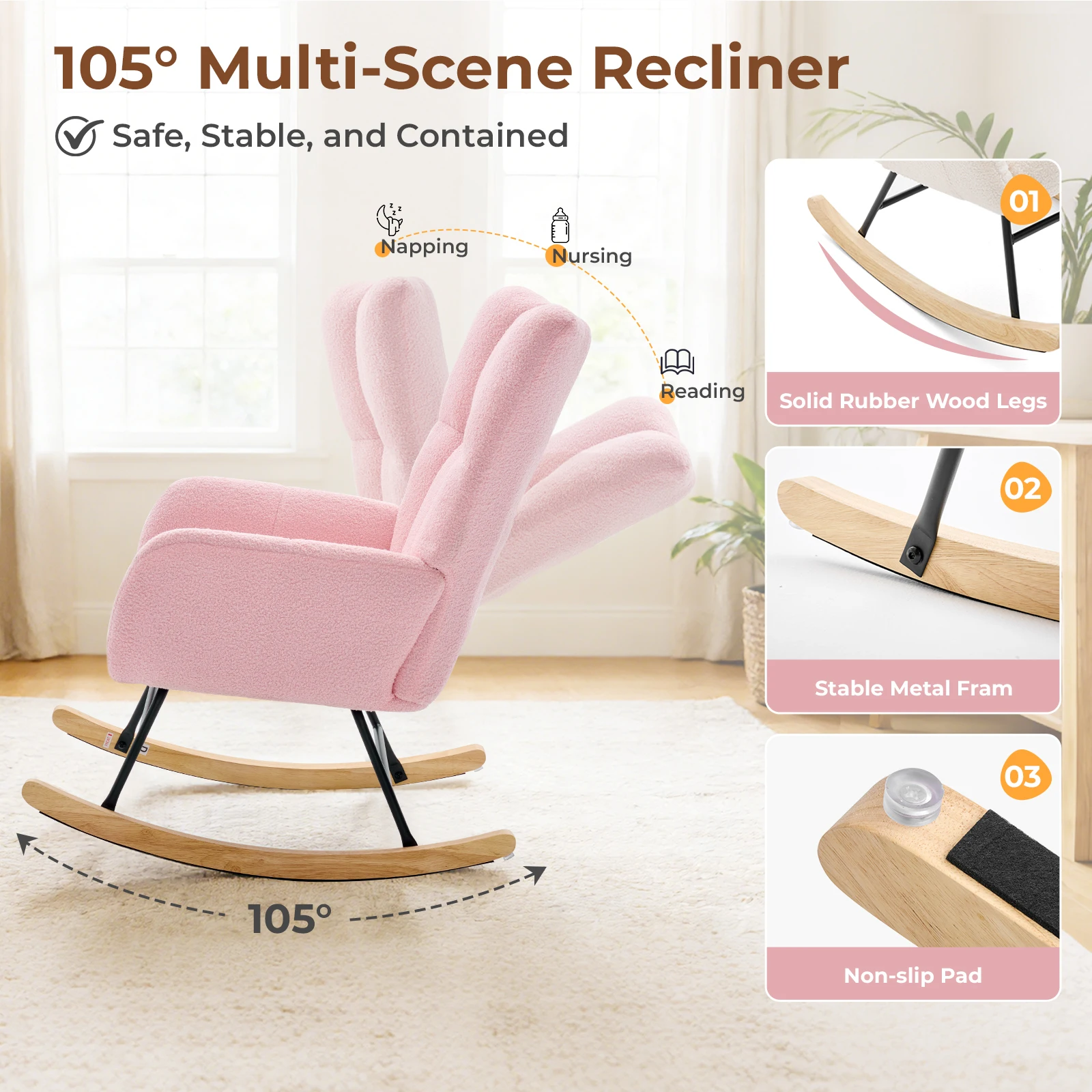 JHK Teddy Upholstered Saucer Rocking Chair with High Backrest Armchair Padded Seat Metal Frame Reading Chair for Living Room