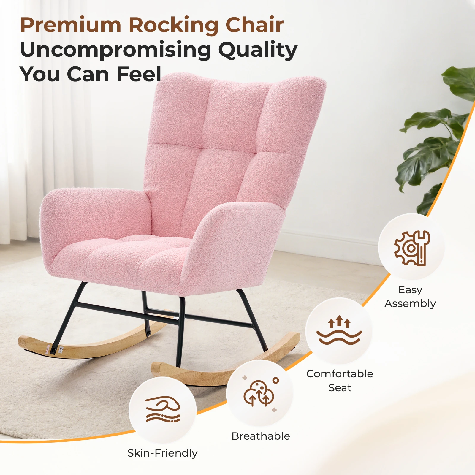 JHK Teddy Upholstered Saucer Rocking Chair with High Backrest Armchair Padded Seat Metal Frame Reading Chair for Living Room