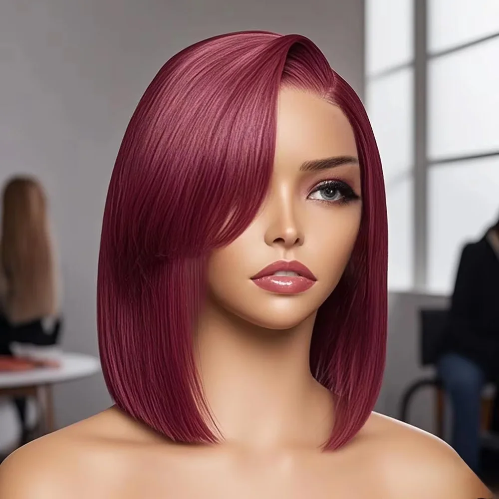 99J Burgundy Wine Red Bone Straight Short Bob Brazilian Virgin Human Hair Wig 13x4 HD Undetectable Lace Frontal Pre Plucked Baby Hair Bleached Knots Glueless Wear Go For Black Women