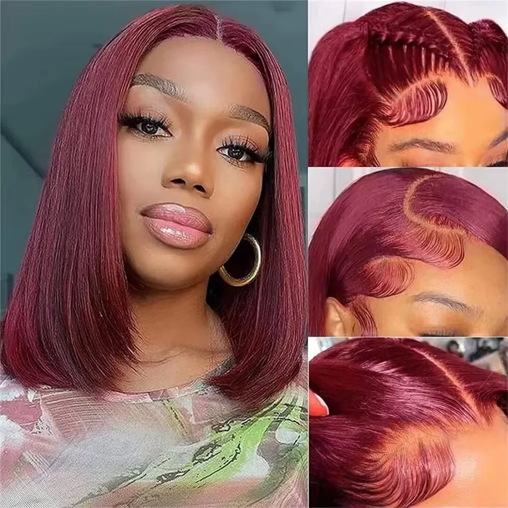 99J Burgundy Wine Red Bone Straight Short Bob Brazilian Virgin Human Hair Wig 13x4 HD Undetectable Lace Frontal Pre Plucked Baby Hair Bleached Knots Glueless Wear Go For Black Women