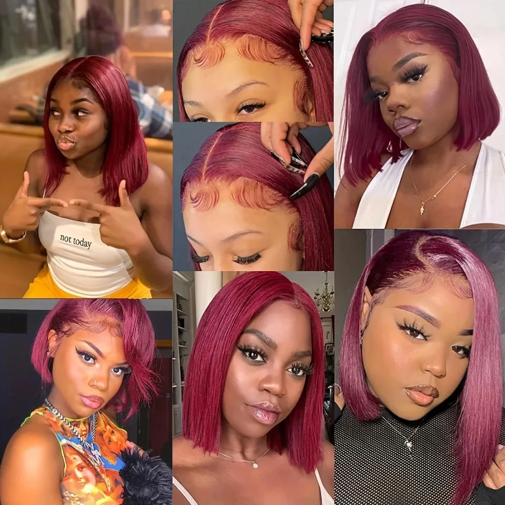 99J Burgundy Wine Red Bone Straight Short Bob Brazilian Virgin Human Hair Wig 13x4 HD Undetectable Lace Frontal Pre Plucked Baby Hair Bleached Knots Glueless Wear Go For Black Women