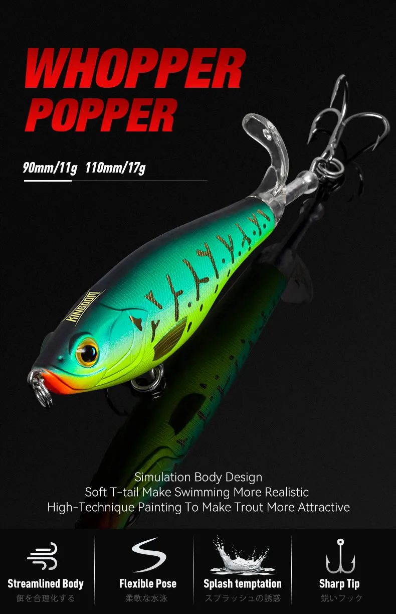 Kingdom 3PCS Topwater Lure Set 90mm/11g & 110mm/17g Artificial Popper Whopper Plopper Hard Wobblers for Bass Trout Pike Zander Fishing