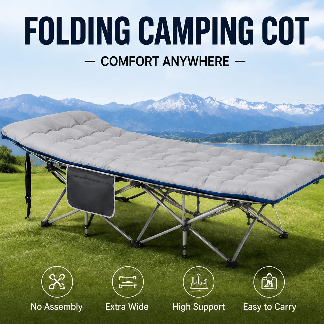 Portable Folding Camping Cot with Thick Mattress – Extra Wide Outdoor Bed with Side Pocket – No Assembly Needed, Heavy Duty Steel Frame for Tent, Hiking, Travel – Easy Carry Sleep System