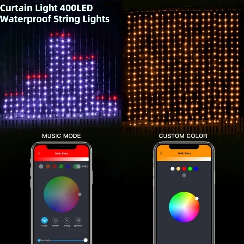 2*2M/3*3M LED RGB Smart Curtain Lights With Music App Controls and Remote LED Party Lights For Wedding/Valentine's Day/Birthday