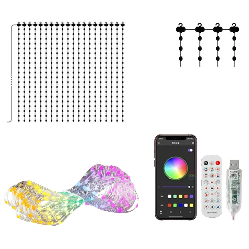 2*2M/3*3M LED RGB Smart Curtain Lights With Music App Controls and Remote LED Party Lights For Wedding/Valentine's Day/Birthday