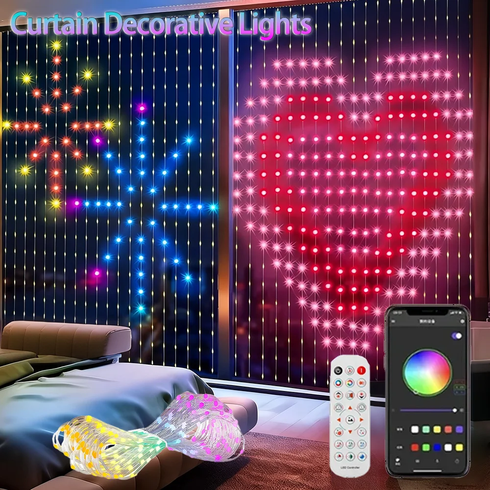 2*2M/3*3M LED RGB Smart Curtain Lights With Music App Controls and Remote LED Party Lights For Wedding/Valentine's Day/Birthday