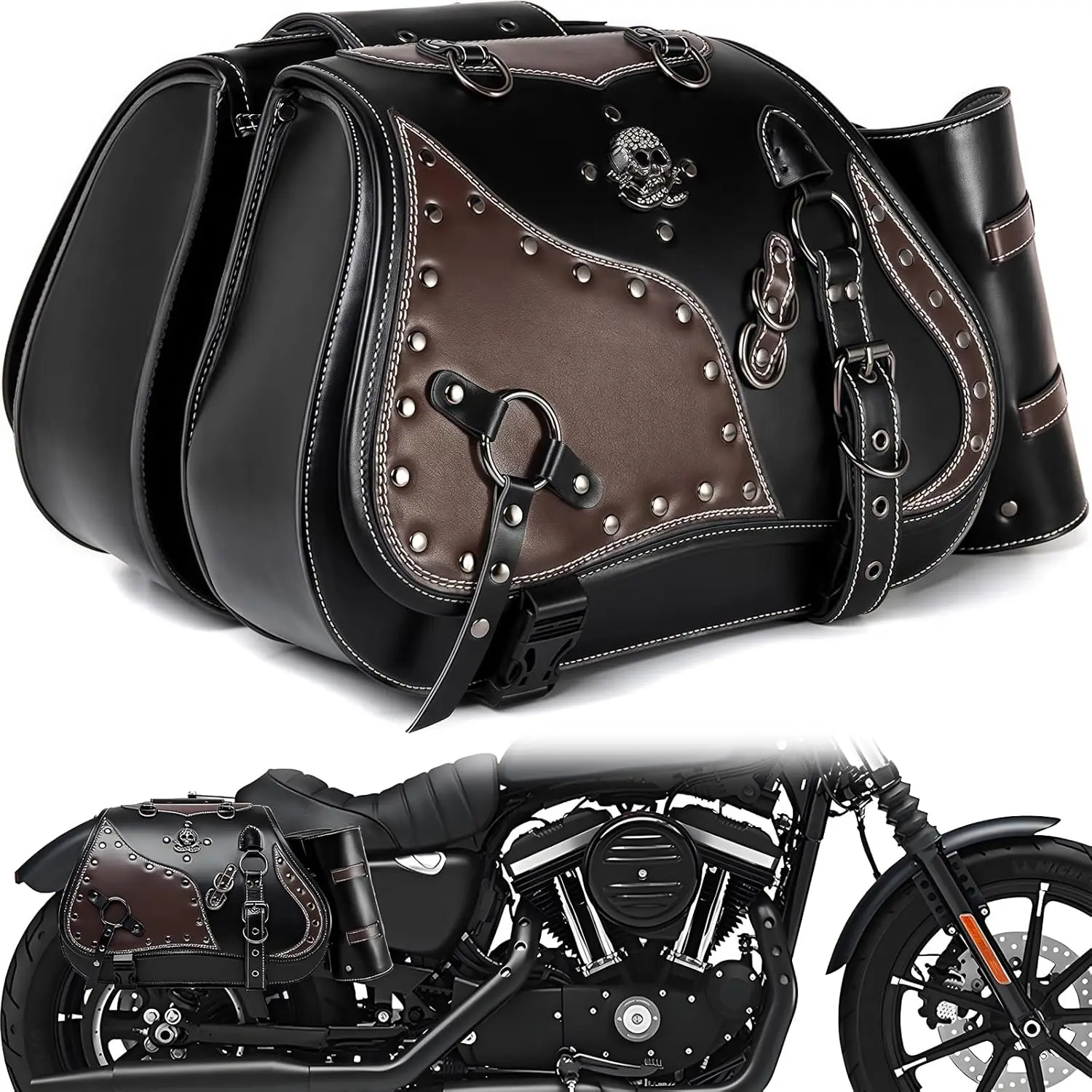 Skull Rivet Leather Motorcycle Saddle Bags Side 30L Large Capacity Luggage Storage Bags Waterproof Side Saddle Bags with Cup Holder Universal Powersports Saddlebags for Harley Davidson Sportster Dyna Softail Honda Shadow Rebel Yamaha Kawasaki Vulcan