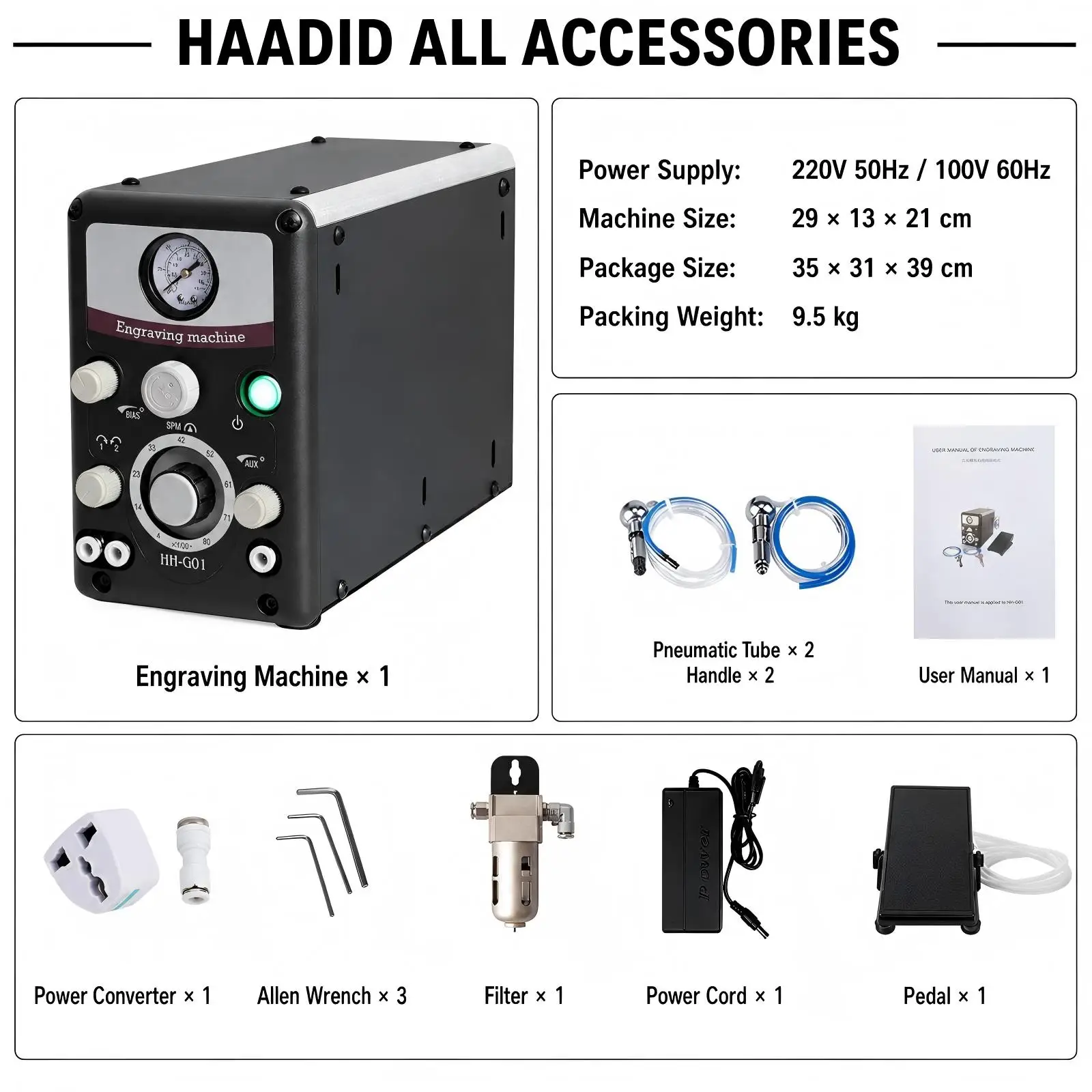 110V HH-G01 Pneumatic Engraving Machine with Two Handpiece 400-8000RPM Hand Engraving & Stone Setting Tools Air Graver Engraver G8 Quick Set-up Jewelry Pneumatic Impact Engraving Machine