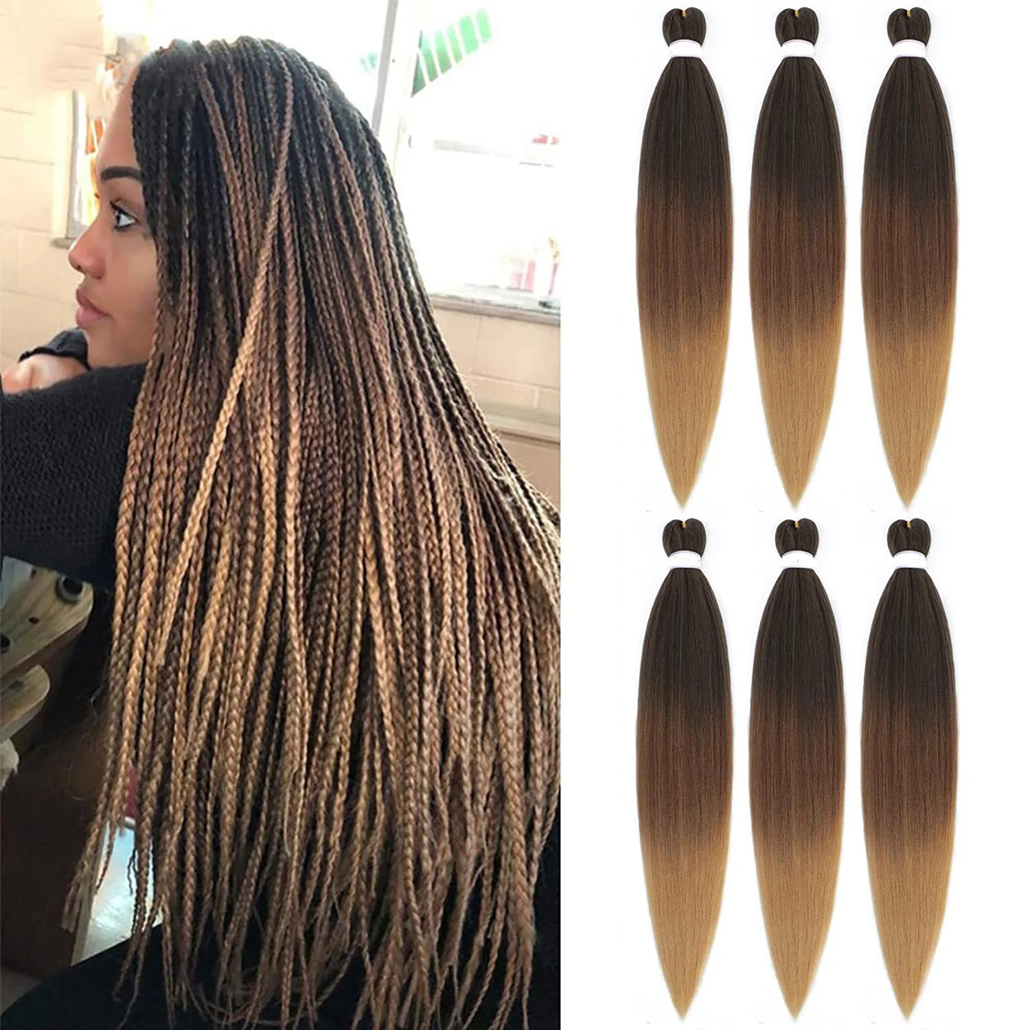 6 Packs Pre-Stretched Braiding Hair 18 Inch Gradient Yaki Straight Crochet Braid with Yaki Texture Professional Synthetic Extensions 1B/30/27