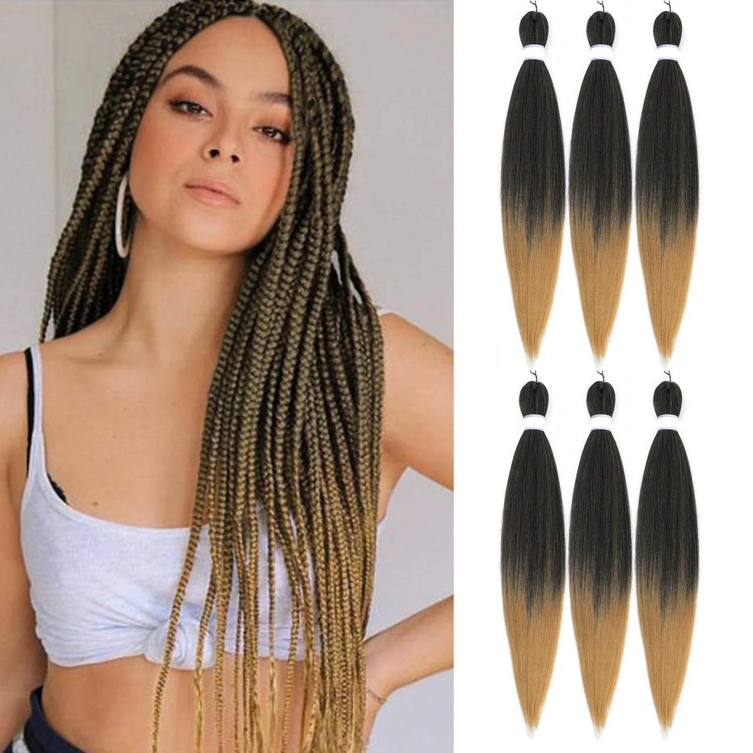 6 Packs Pre-Stretched Braiding Hair 18 Inch Gradient Yaki Straight Crochet Braid with Yaki Texture Professional Synthetic Extensions 1B/30/27