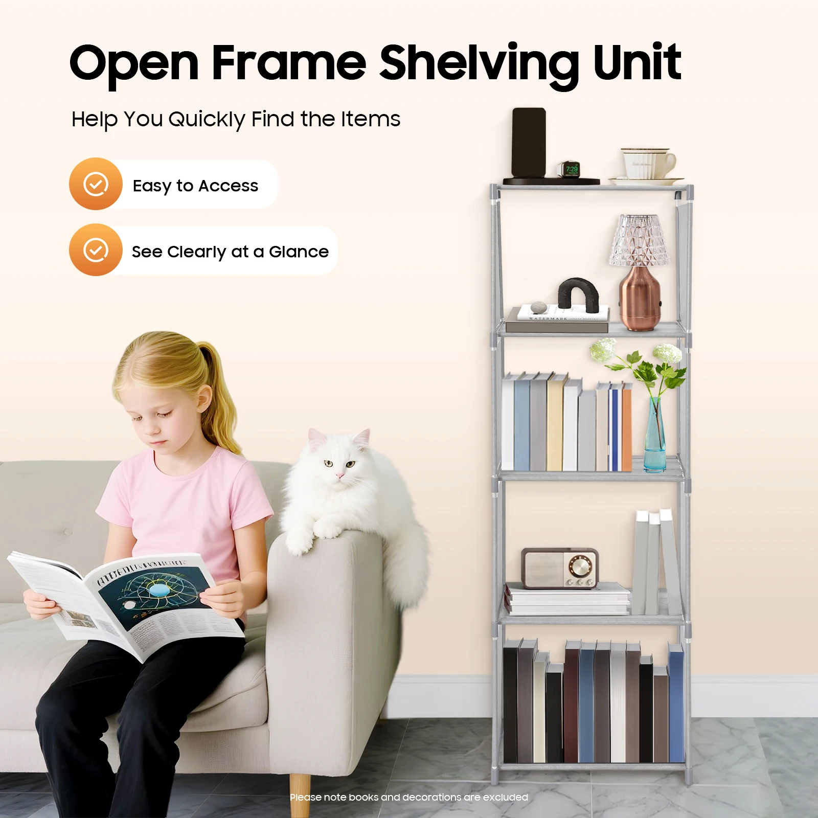 4-Tier Floor Bookshelf, Modern Narrow Storage Shelf for Living Room Office, Bookcase Organizer with 17.64lbs Capacity per Tier