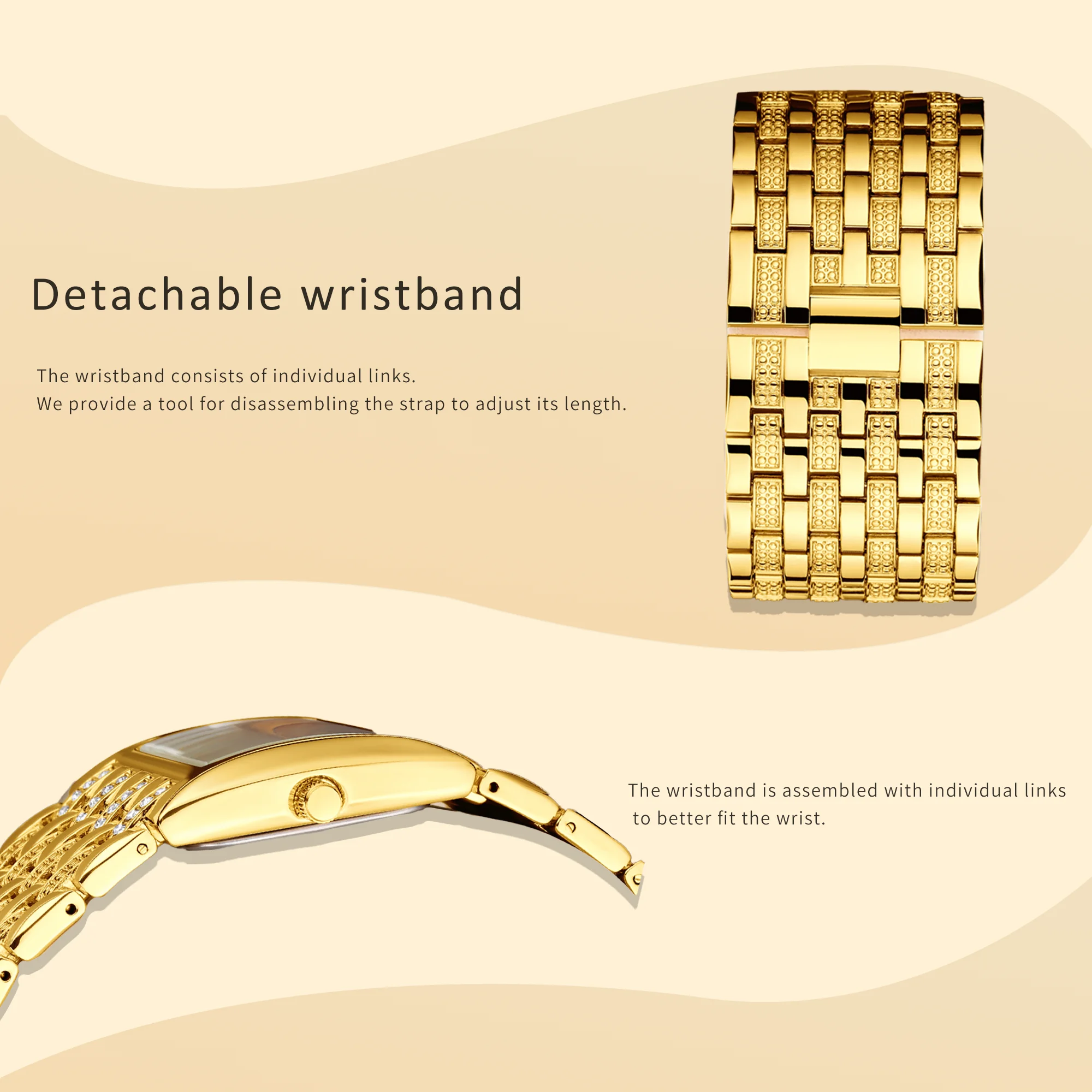 YaLaLuSi Gold Square Crystal Cuff Women Watch Glitter Dial Multi Texture Wide Bangle Elegant Party Ladies Quartz Wristwatch