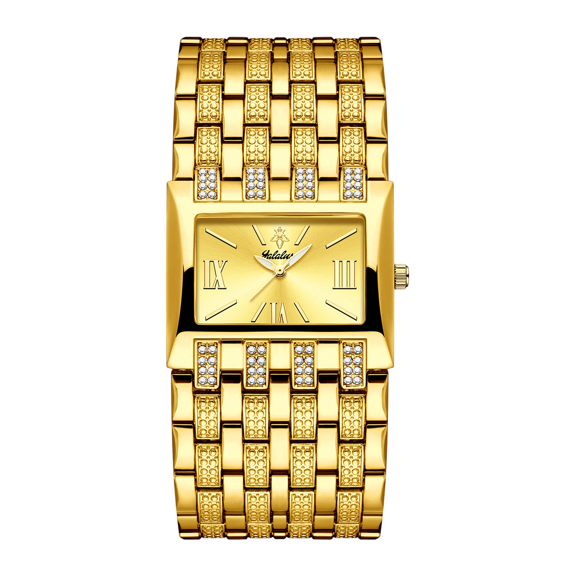 YaLaLuSi Gold Square Crystal Cuff Women Watch Glitter Dial Multi Texture Wide Bangle Elegant Party Ladies Quartz Wristwatch