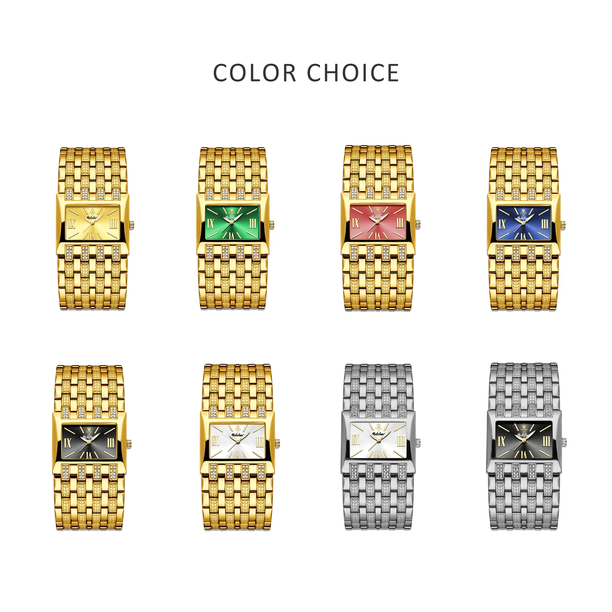 YaLaLuSi Gold Square Crystal Cuff Women Watch Glitter Dial Multi Texture Wide Bangle Elegant Party Ladies Quartz Wristwatch