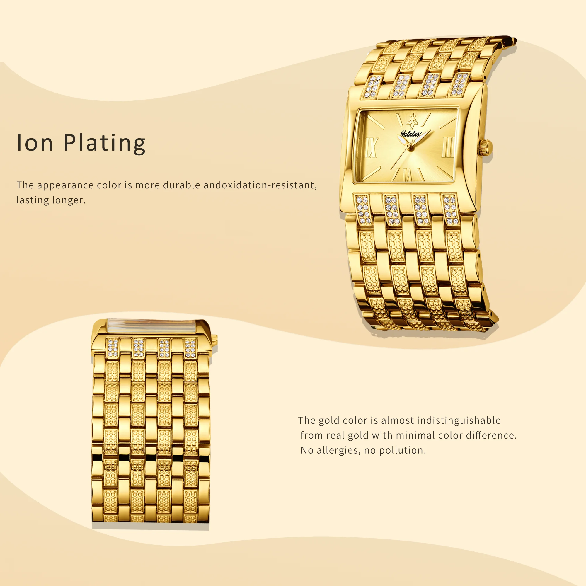 YaLaLuSi Gold Square Crystal Cuff Women Watch Glitter Dial Multi Texture Wide Bangle Elegant Party Ladies Quartz Wristwatch