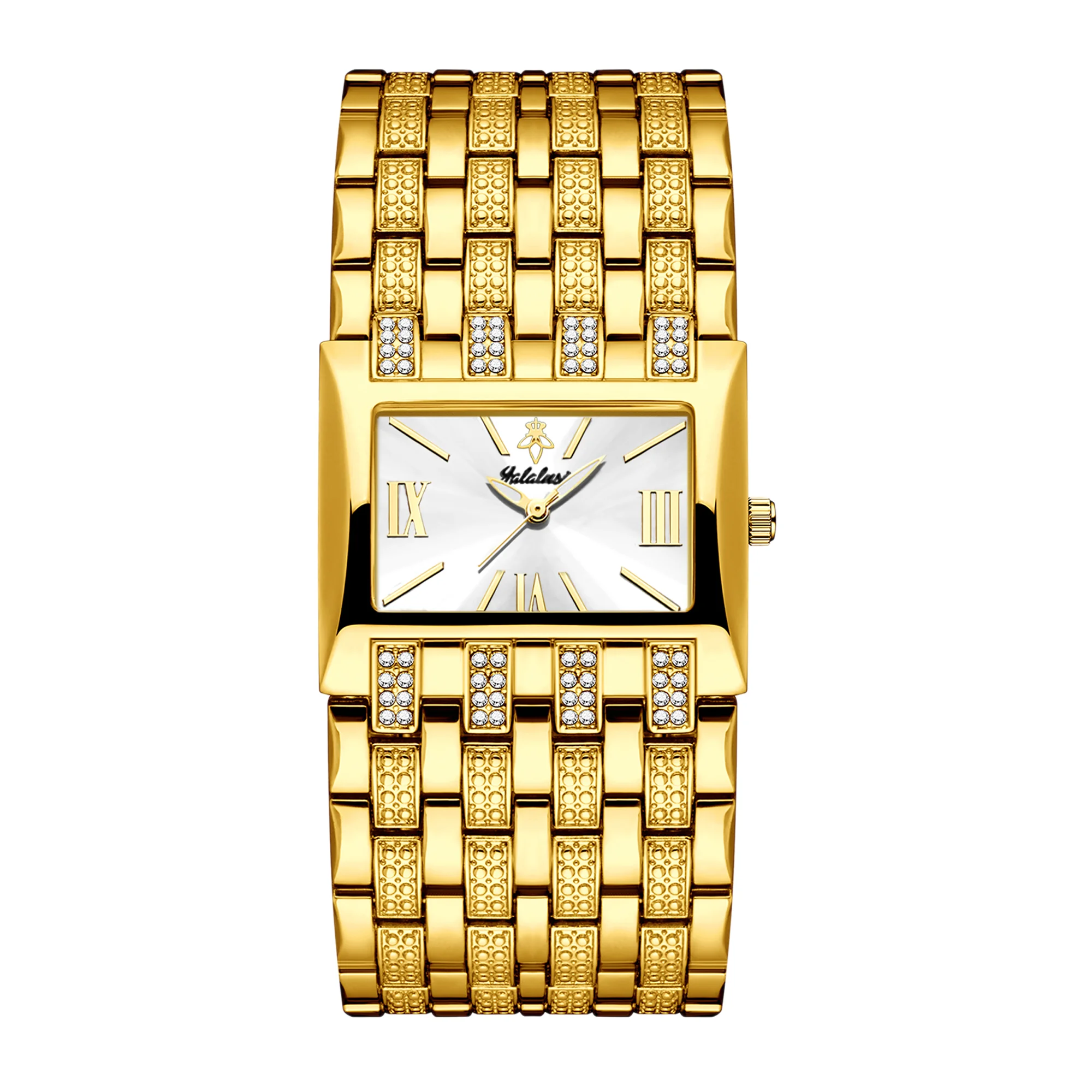 YaLaLuSi Gold Square Crystal Cuff Women Watch Glitter Dial Multi Texture Wide Bangle Elegant Party Ladies Quartz Wristwatch