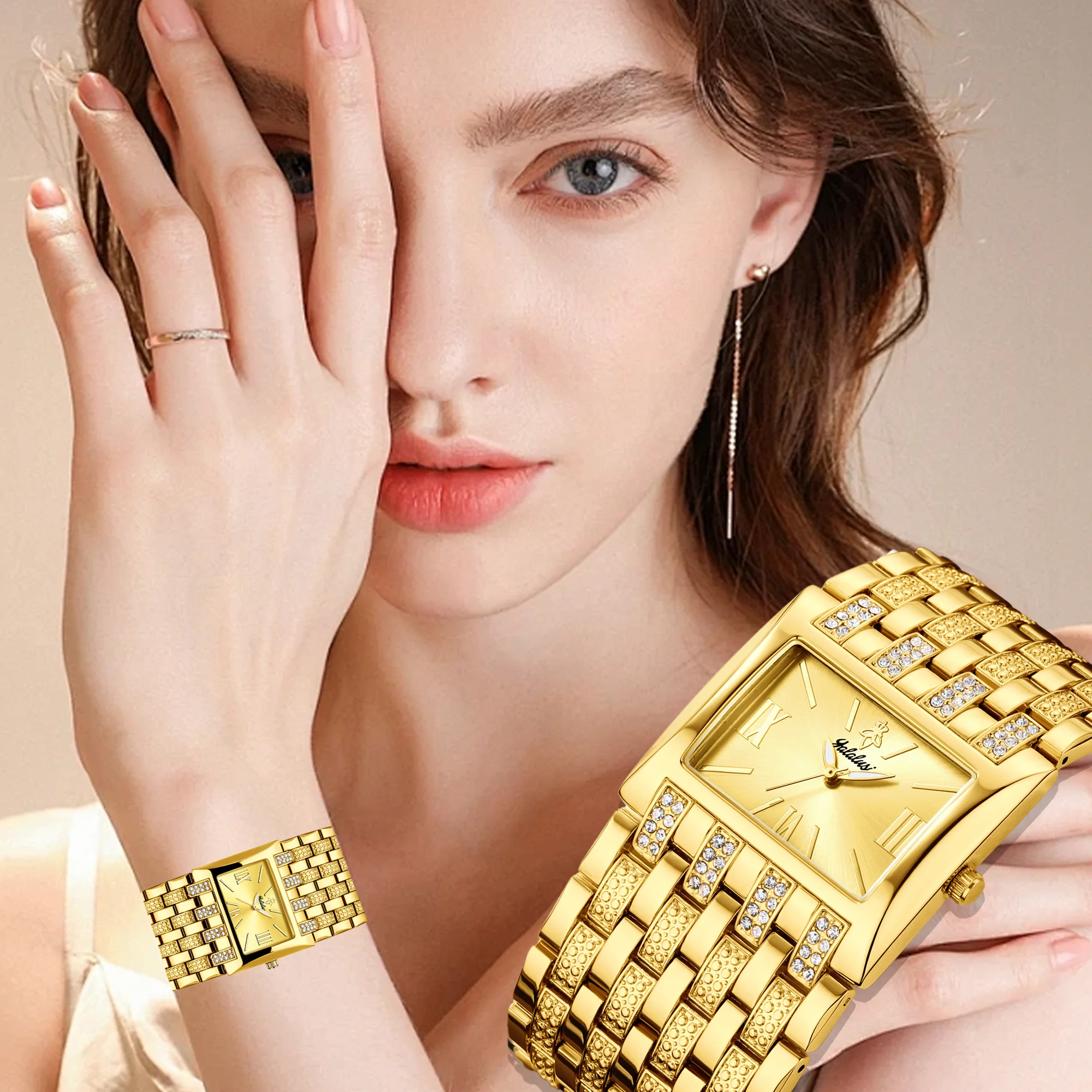 YaLaLuSi Gold Square Crystal Cuff Women Watch Glitter Dial Multi Texture Wide Bangle Elegant Party Ladies Quartz Wristwatch