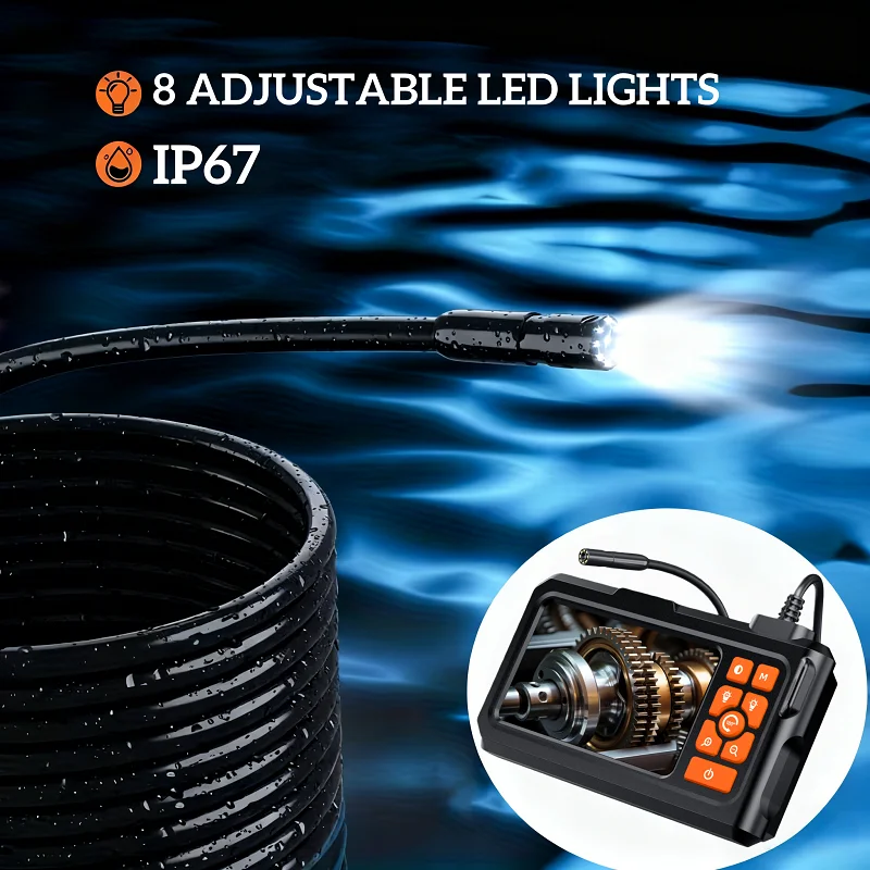 4.3 Inch IPS Screen Industrial Endoscope Camera 1080P HD IP67 Waterproof Borescope 2600mAh Rechargeable Inspection Camera With Adjustable LED Lights for Car Engine Maintenance Sewer Pipe Home Wall Checking