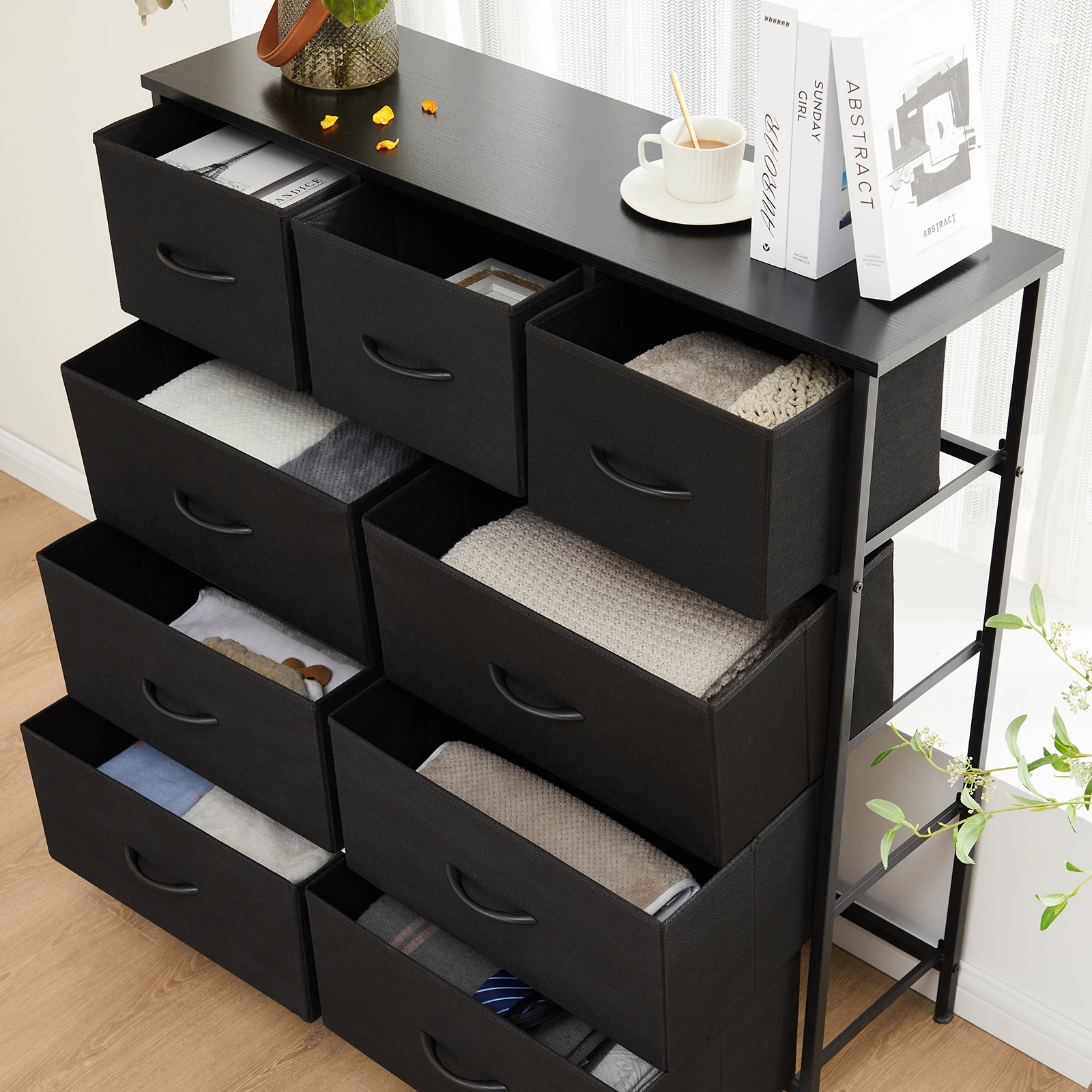 MCQ Living Room Cabinet With 9 Fabric Drawers Beside Nightstand Dresser Tables Storage Closet Chest Clothes Display Furniture