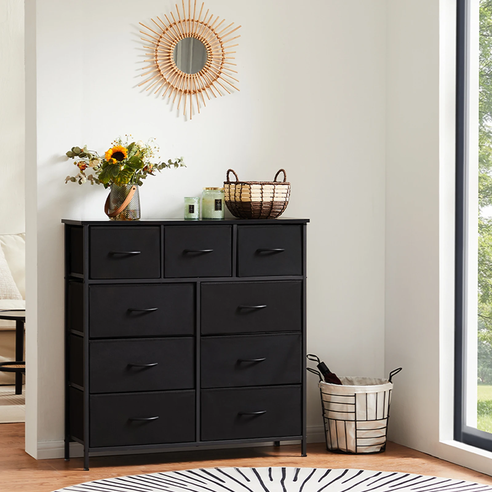MCQ Living Room Cabinet With 9 Fabric Drawers Beside Nightstand Dresser Tables Storage Closet Chest Clothes Display Furniture