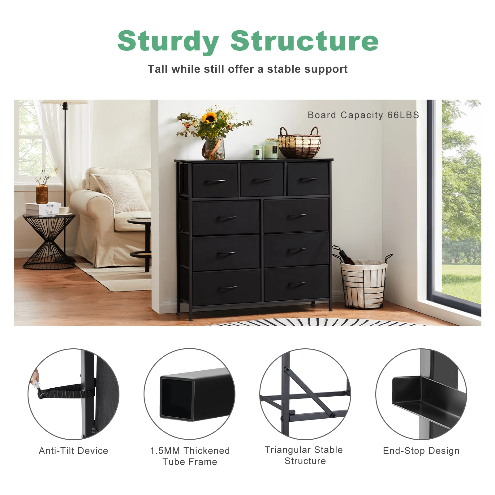 MCQ Living Room Cabinet With 9 Fabric Drawers Beside Nightstand Dresser Tables Storage Closet Chest Clothes Display Furniture
