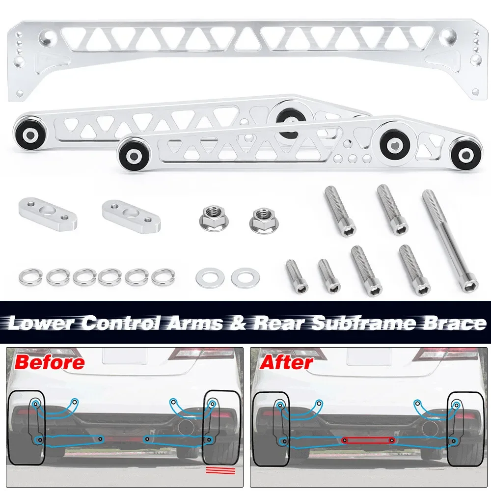 Rear Lower Billet Aluminium Control Arm Kit + Subframe Brace Sliver For 1996-2000 Honda Civic EK