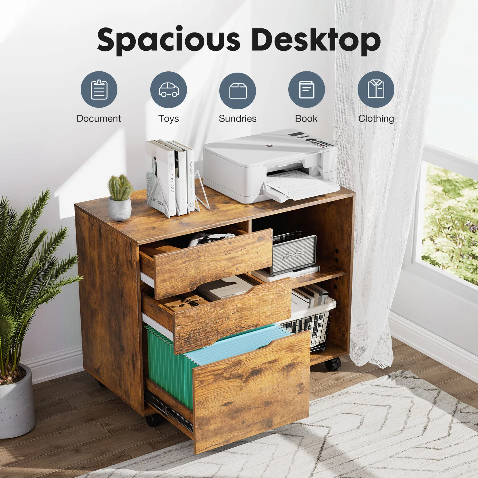 MCQ Living Room 3 Drawers Wooden Mobile Cabinet Chest Dressers Nightstand Storage Cabinet Organizer Rolling Display Furniture